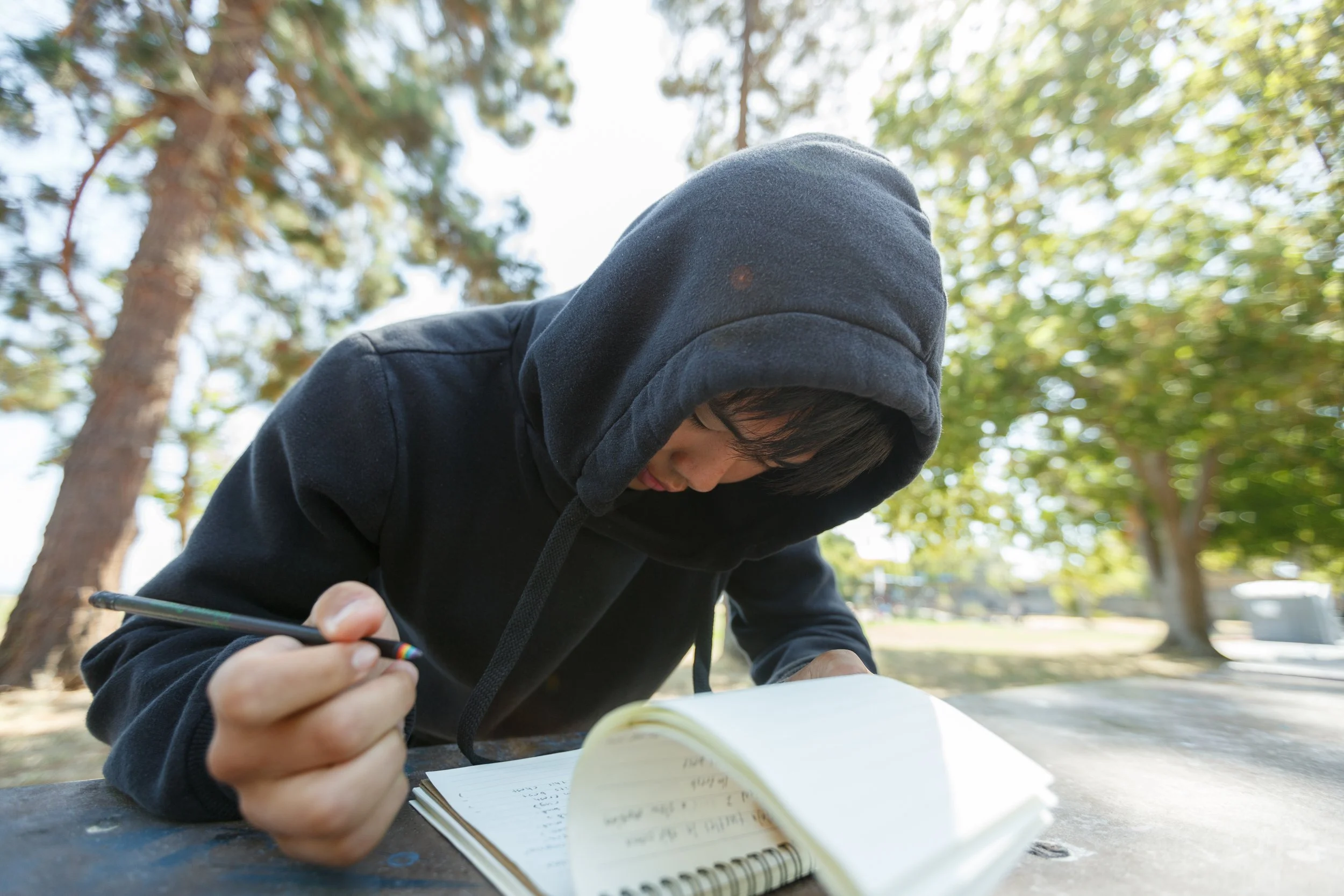 A young person with dark hair wearing a black hoodie, writing in a notebook outdoors at a park with trees and sunlight in the background.
