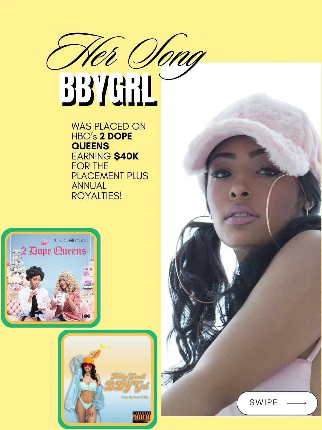 A promotional poster featuring a woman wearing a pink fuzzy winter hat with dark wavy hair, along with text about a TV show called 'Her Song BBYGRL' and images of two other show covers, one titled '2 Dope Queens' and the other 'Nitty Teal BBYGRL.'