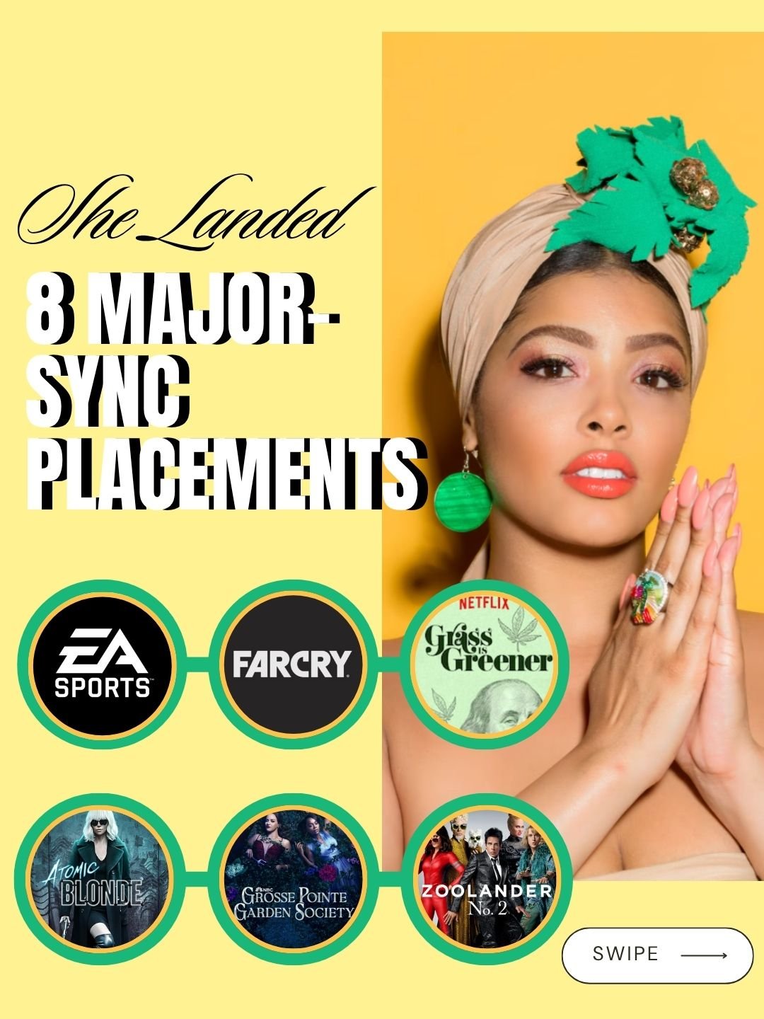 An advertisement highlighting three major-synch placements for a television show or series, featuring a woman with a headwrap and colorful accessories on a yellow background, with logos of EA Sports, Far Cry, Netflix's 'Glass is Greener,' and images 