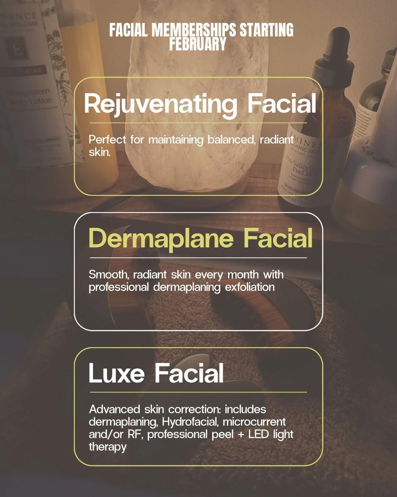 Monthly Facial Memberships with Alicia 

Consistency is the key to healthy, glowing skin. Great skin doesn&rsquo;t come from one facial &mdash; it comes from routine care.

Monthly facials help:
&bull; Improve texture and tone
&bull; Maintain hydrati