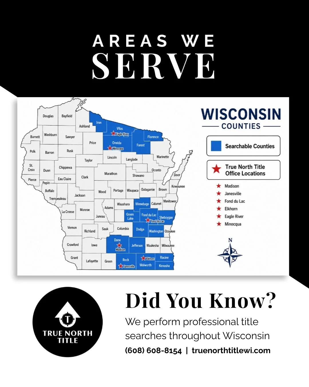 True North Title performs professional title searches throughout the following Wisconsin counties.