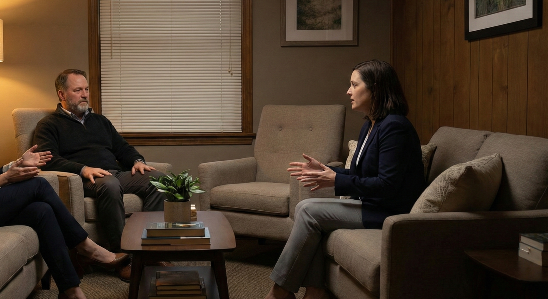 A therapy session in a cozy, wood-paneled room with beige sofas. A woman with dark hair, wearing a navy blazer, is talking and gesturing with her hands. Three people are listening; a man with a beard in a black sweater, and two others whose hands and legs are partially visible.