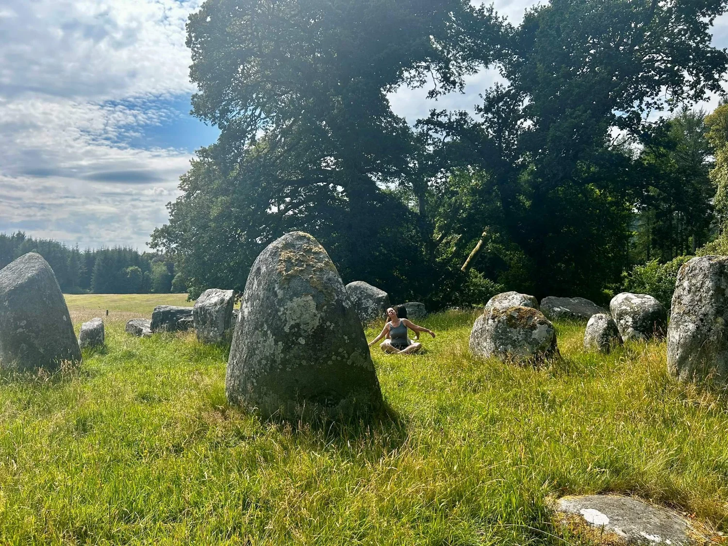 A standing stone in a sunlit meadow