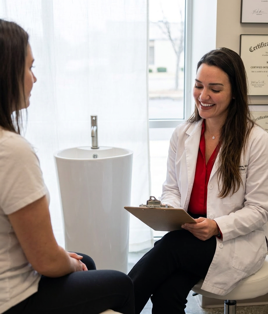 A female doctor or therapist smiling while talking to a patient during a consultation in a medical office.