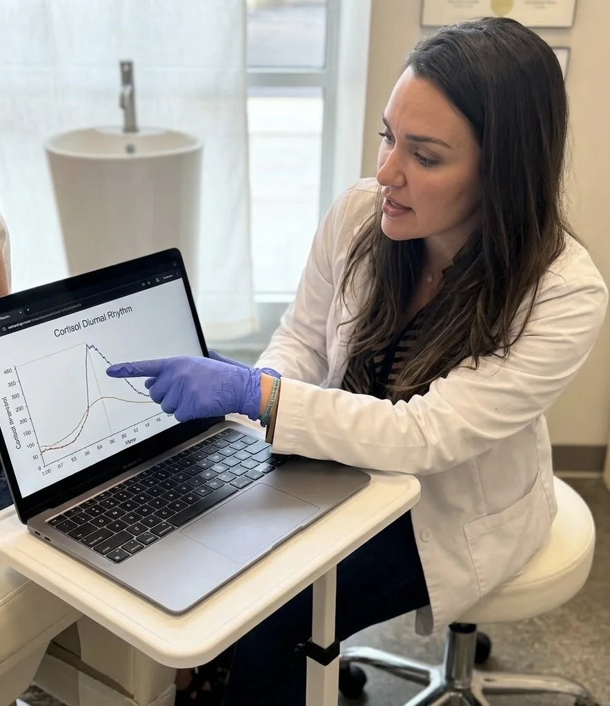 Medical professional, wearing a white coat and purple gloves, showing a graph on a laptop screen with the title 'Cortisol Diurnal Rhythm'.
