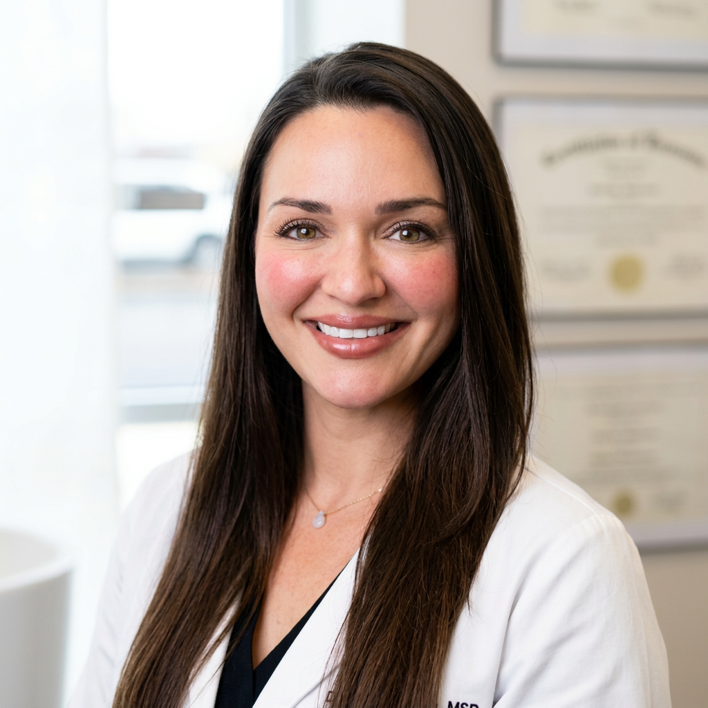 A woman with long brown hair smiling, wearing a white coat, in a professional setting with certificates on the wall behind her.