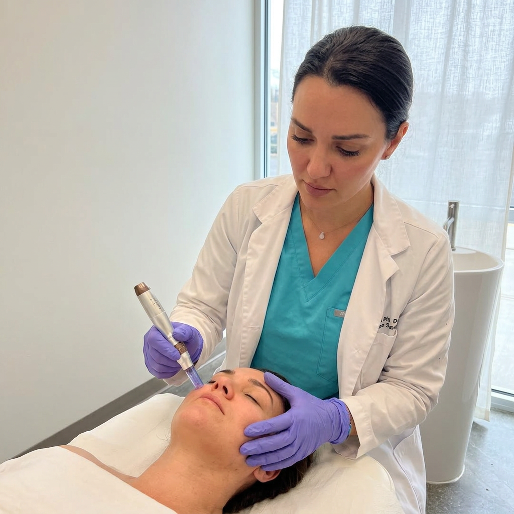 A female medical professional performing a cosmetic procedure on a woman's face using a pen-shaped device, in a clinical setting.