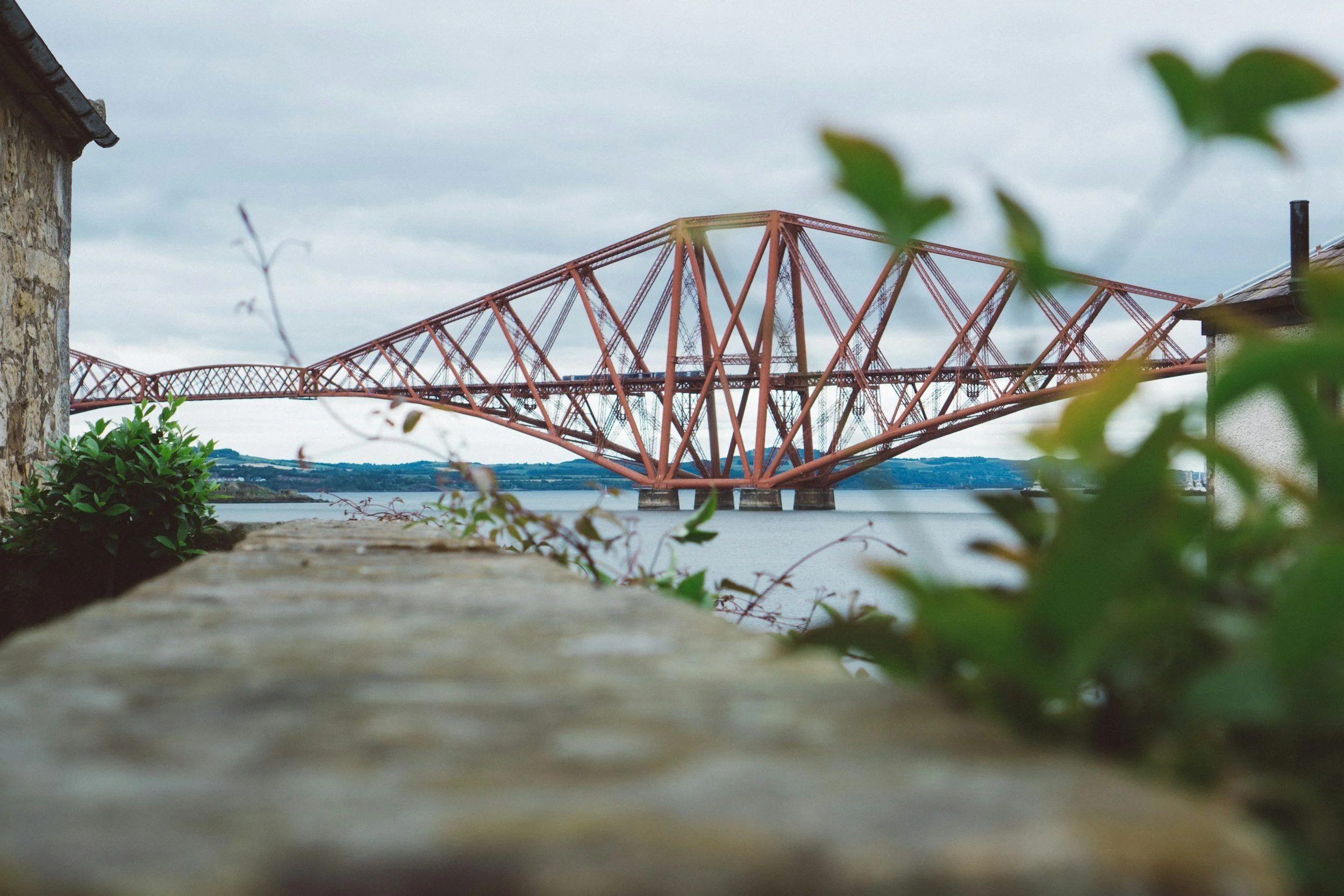 A large, reddish-orange steel bridge spanning across a body of water, viewed from a low angle with blurred plants and rocks in the foreground, and a cloudy sky above. Forth Rail Bridge. Seen from Dalgety Bay.