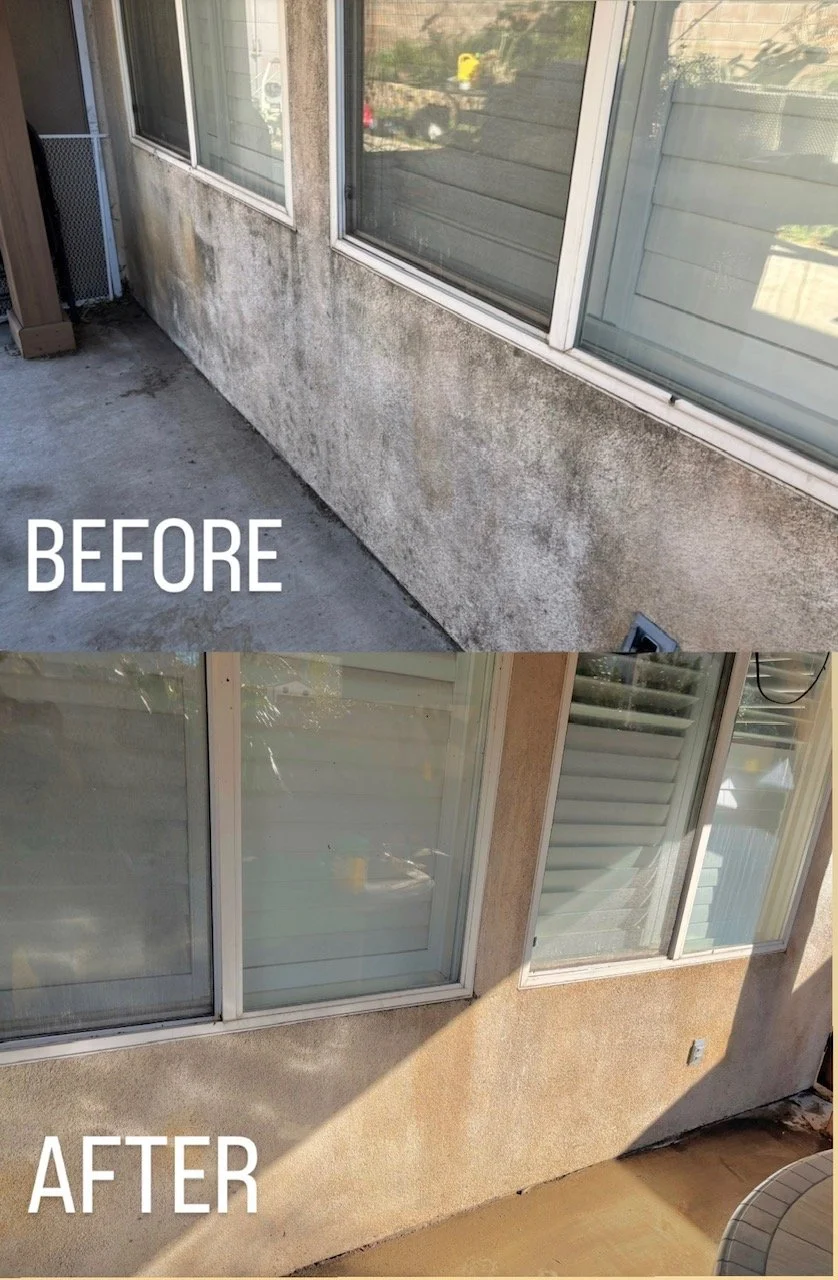 Side-by-side comparison of a building exterior before and after cleaning. In the 'before' image, the wall beneath the windows is stained and dirty. In the 'after' image, the wall is clean, and the surface appears renewed.