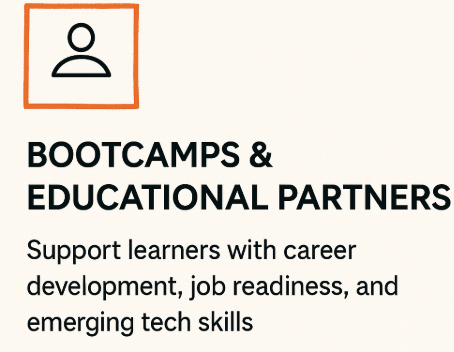 Icon of a person with text: 'Bootcamps & Educational Partners. Support learners with career development, job readiness, and emerging tech skills.'