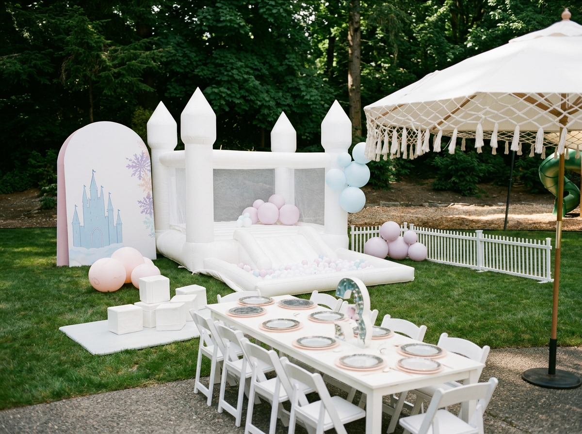 Party setup with a long white table with pink plates and a vase of pink and white flowers, surrounded by white chairs, and a pink ball pit with steps, all enclosed by a white picket fence.