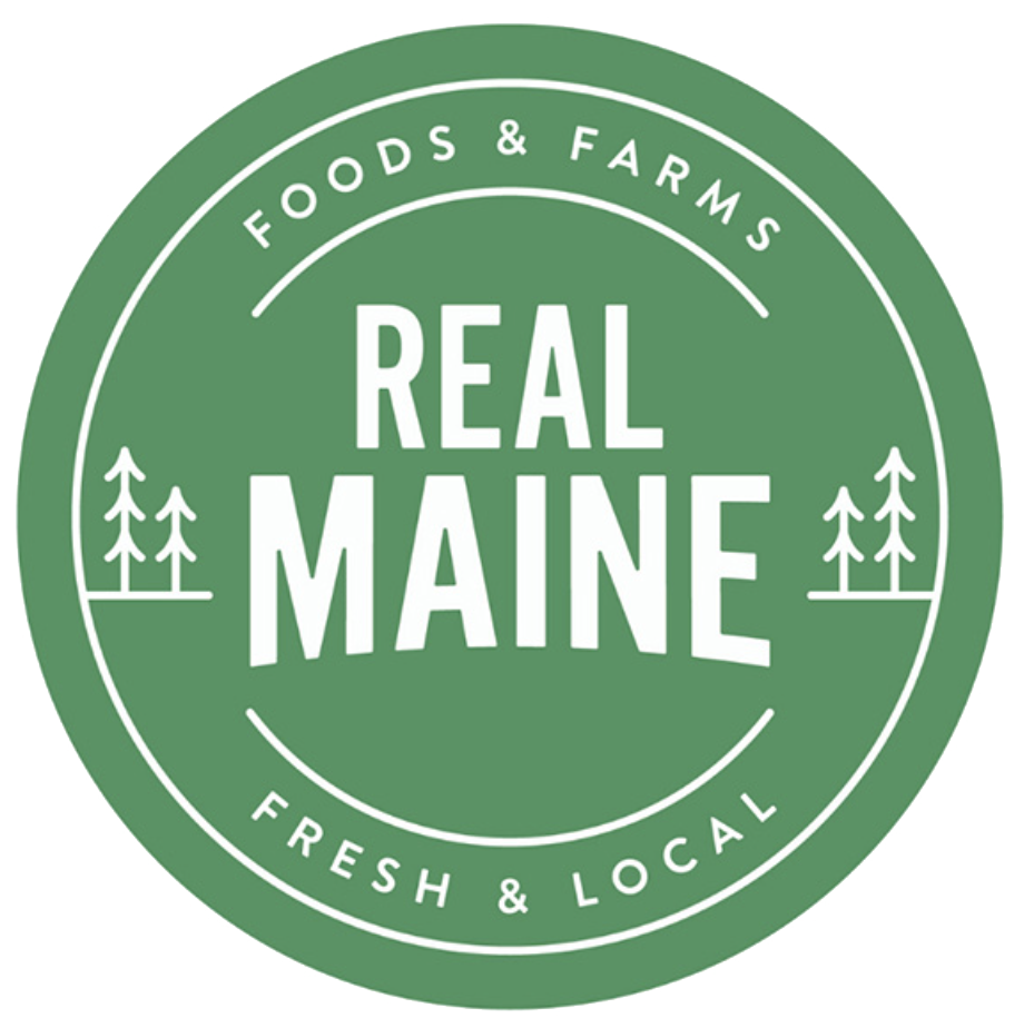 Green circular logo with text 'Real Maine' in the center, surrounded by 'Foods & Farms Fresh & Local,' featuring tree icons.