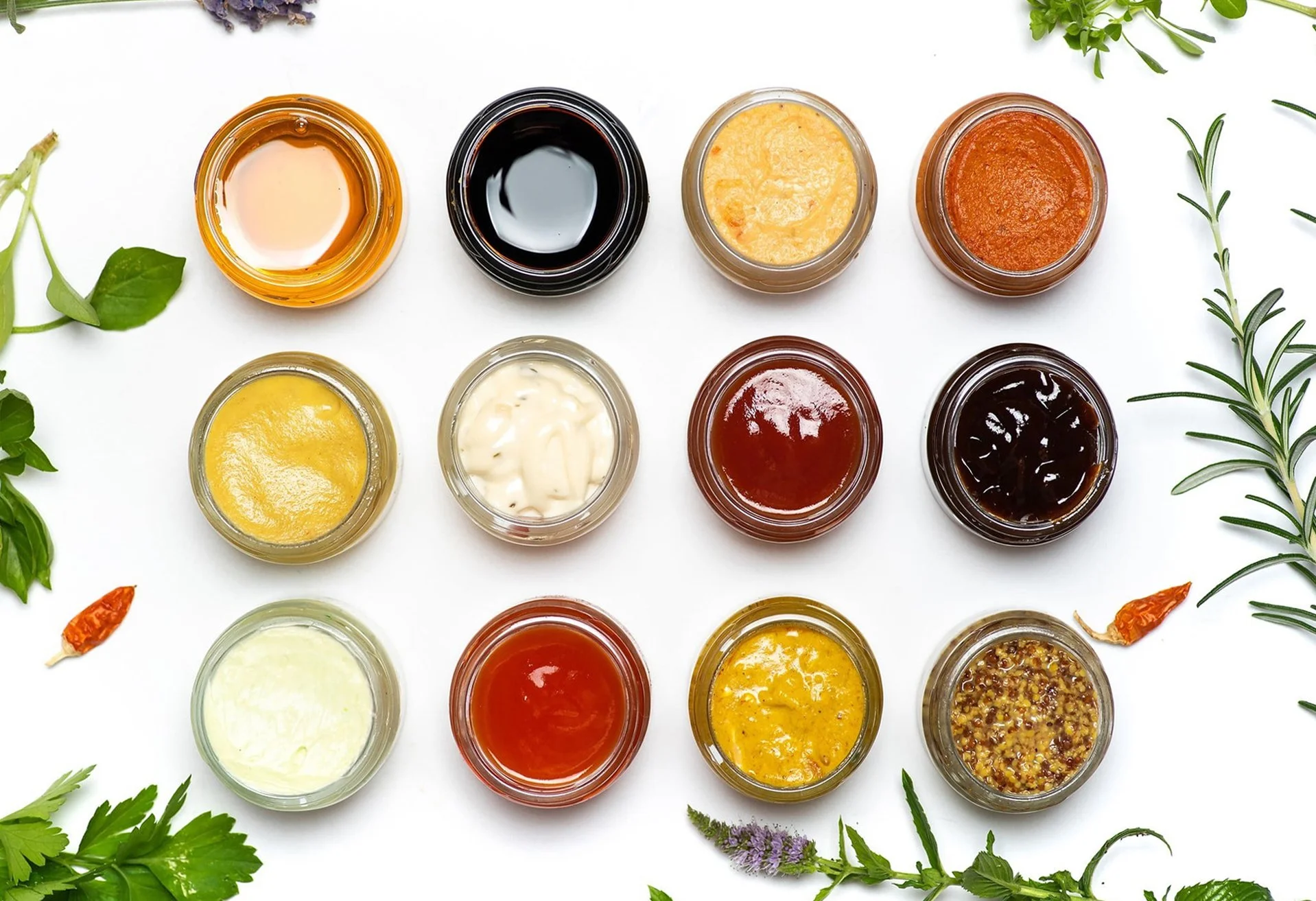 Various sauces and dressings in small glass jars arranged on a white surface, surrounded by fresh herbs and chili peppers.