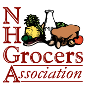 Illustration of grocery items including a bottle of milk, loaf of bread, lemon, and tomato, arranged above the text 'NH Grocers Association' in red and green lettering.