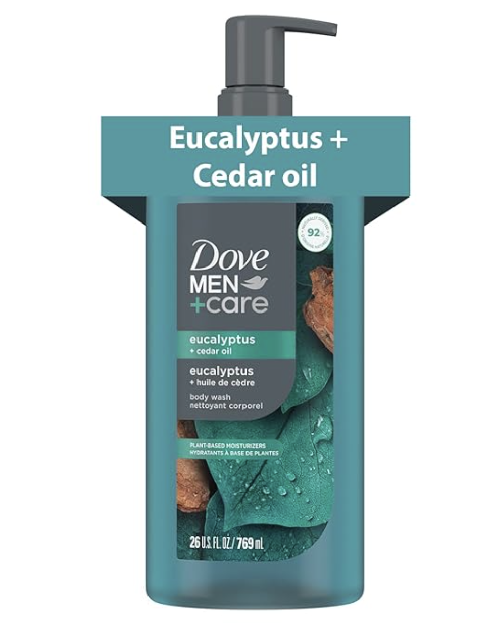 A bottle of Dove Men+Care Eucalyptus and Cedar Oil body wash, featuring plant-based moisturizers and a refreshing scent for men's daily grooming.