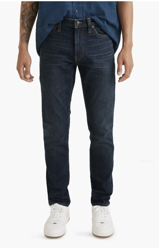 Hiroshi Kato The Hammer straight fit Japanese stretch selvedge jeans in a dark indigo wash for men with athletic thighs.