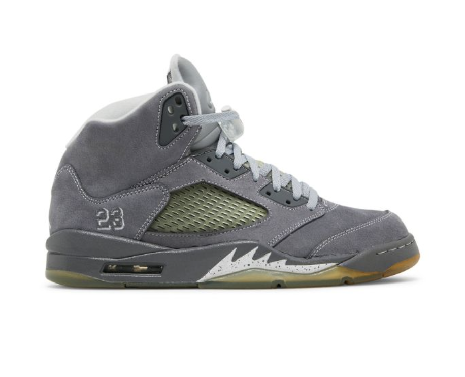 Air Jordan 5 Retro "Wolf Grey" high-top sneaker in grey suede with olive mesh panels and a translucent sole.