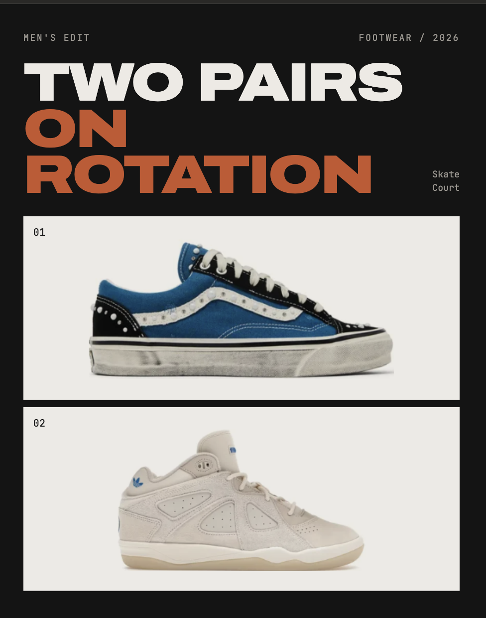 The Vans LX Old Skool 36 "Pearlized Pack" in black and navy next to the cream suede adidas Bad Bunny BadBo 1.0 "Resilience".