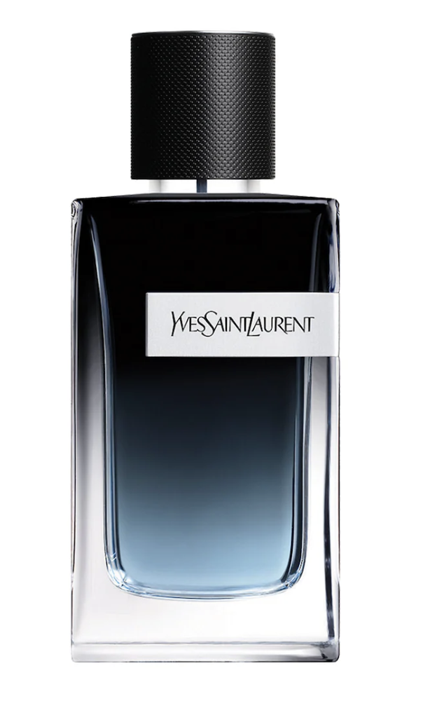 A gradient blue glass bottle of YSL Y Eau de Parfum with a silver metallic Y-shaped accent on the side.