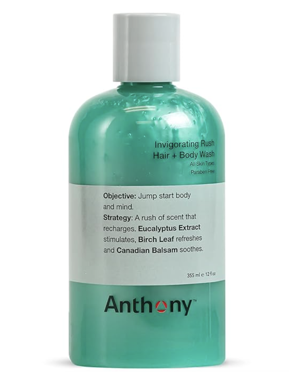 A bottle of Anthony Invigorating Rush Hair and Body Wash, an exfoliating cleanser for men featuring eucalyptus extract, birch leaf, and Canadian balsam.
