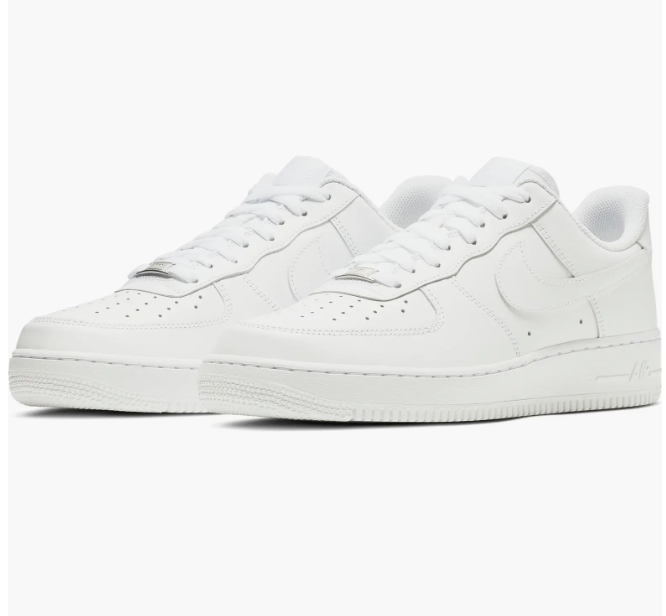 A side profile view of the classic all-white Nike Air Force 1 Low sneakers, showcasing the clean leather upper, stitched overlays, and thick rubber sole.