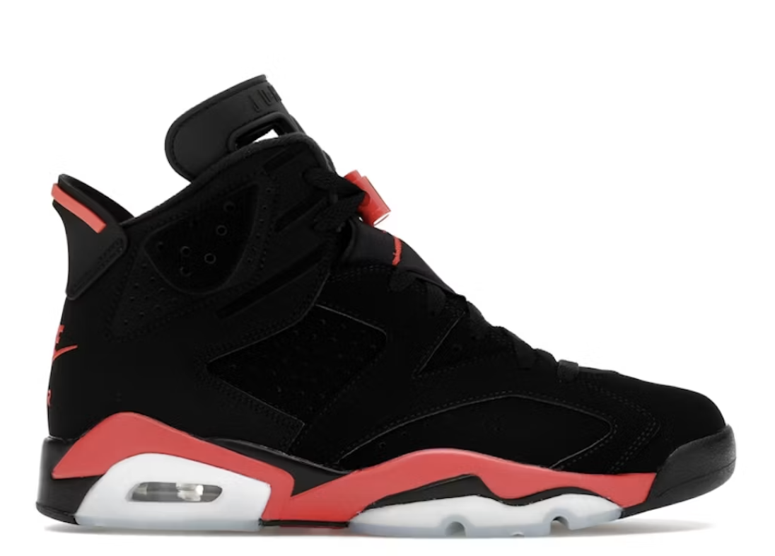 Air Jordan 6 "Infrared Salesman" in black nubuck with infrared-red accents on the heel, lace lock and midsole.