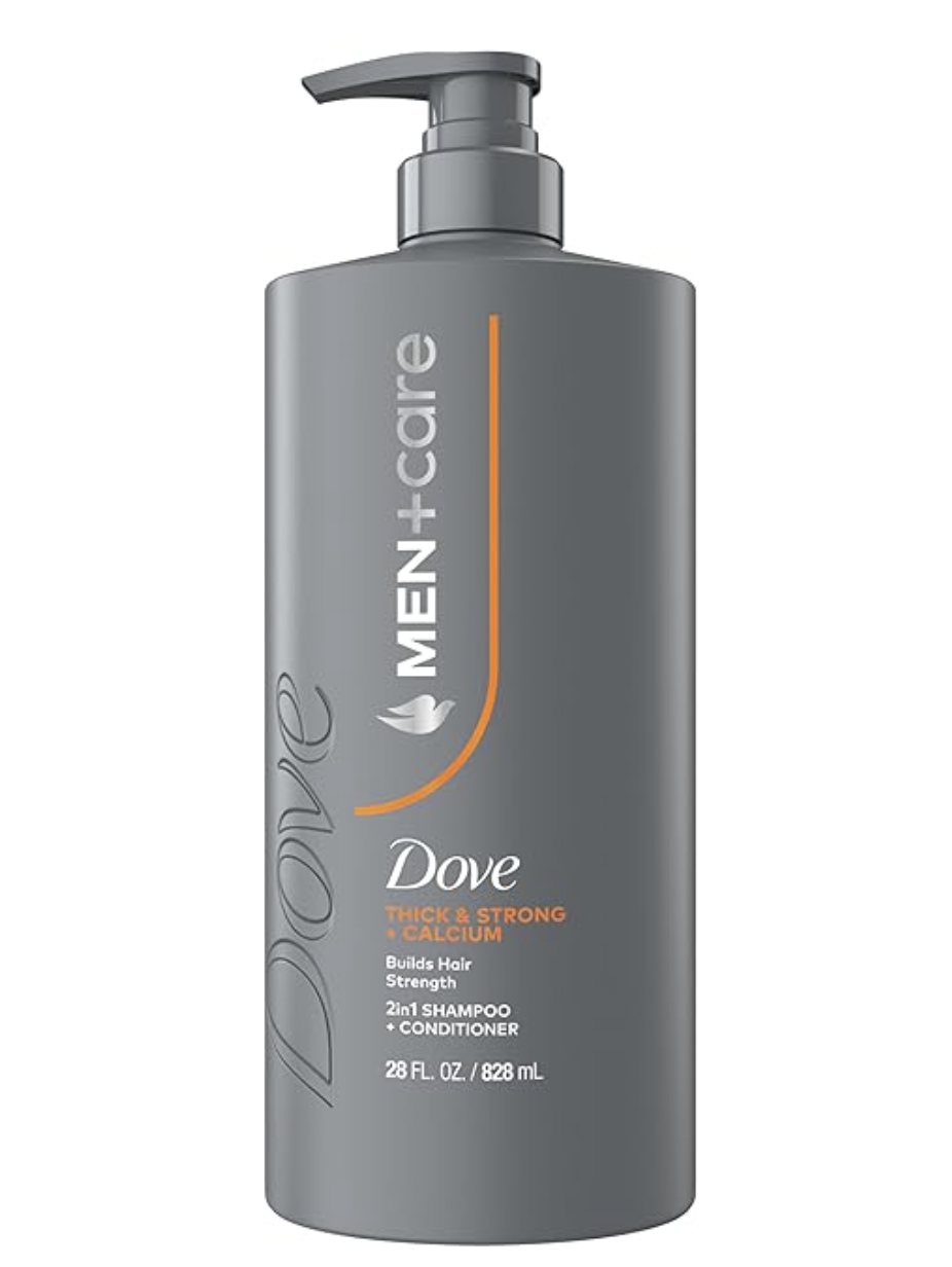 Dove Men+Care Thick and Strong Shampoo, labeled as the best budget-friendly hair care pick for men in 2026.