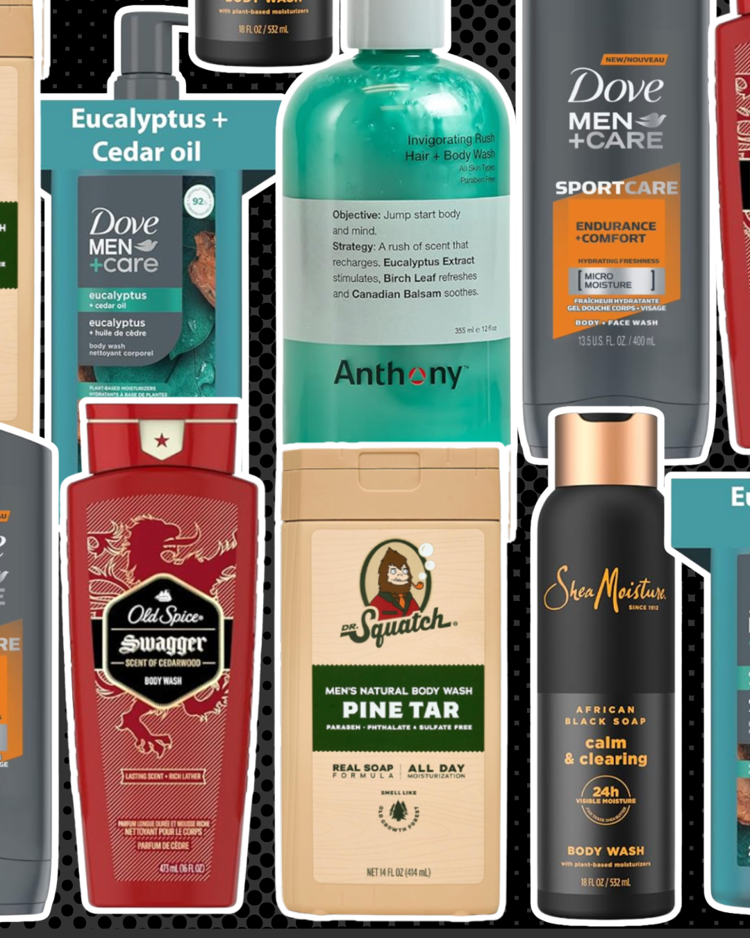"A collection of top-rated men's body washes for 2026, including Old Spice Swagger, Dr. Squatch Pine Tar, and SheaMoisture African Black Soap.
