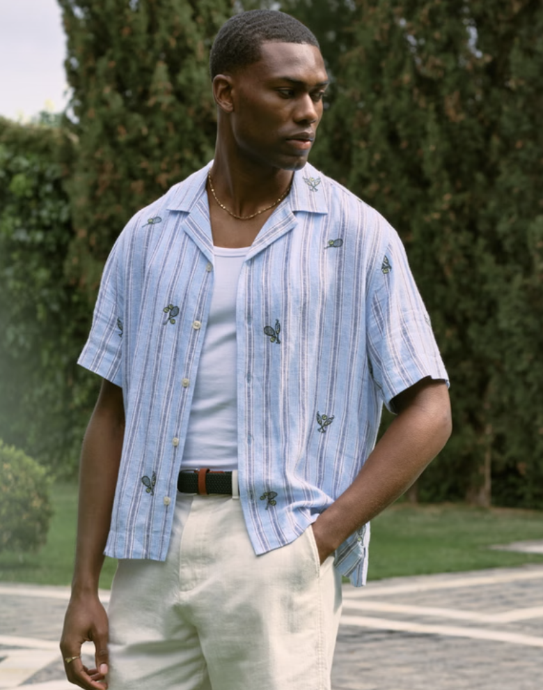 A man wearing an oversized light blue short-sleeve button-down shirt with a vertical stripe and botanical print, styled with a white tank top and cream trousers for a 2026 summer look.