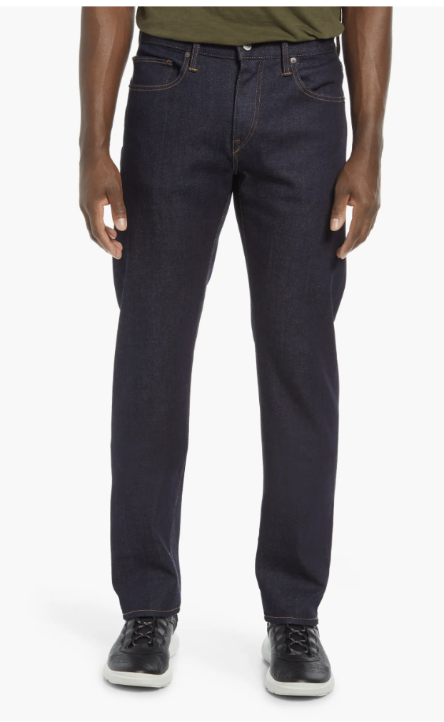 HIROSHI KATO The Hammer straight fit jeans in dark indigo one-wash selvedge denim, featuring 4-way stretch for men with muscular legs.