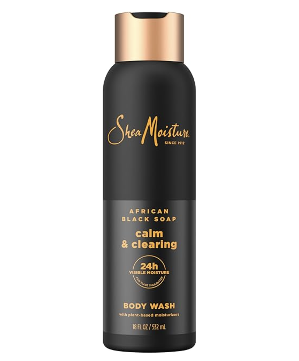 A bottle of SheaMoisture Men’s African Black Soap Body Wash for calm and clearing skin, featuring fair trade shea butter for 24-hour moisture.