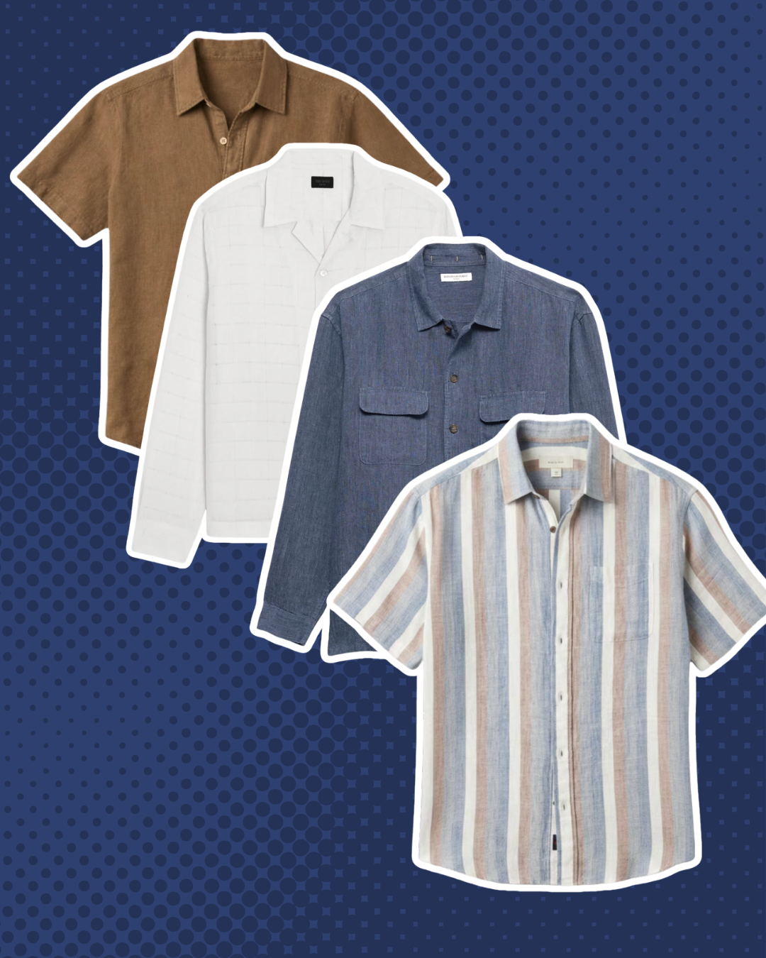 A styled collage of four classic men's short-sleeve linen shirts in shades of brown, white, light blue, and grey vertical stripes against a dark blue background.