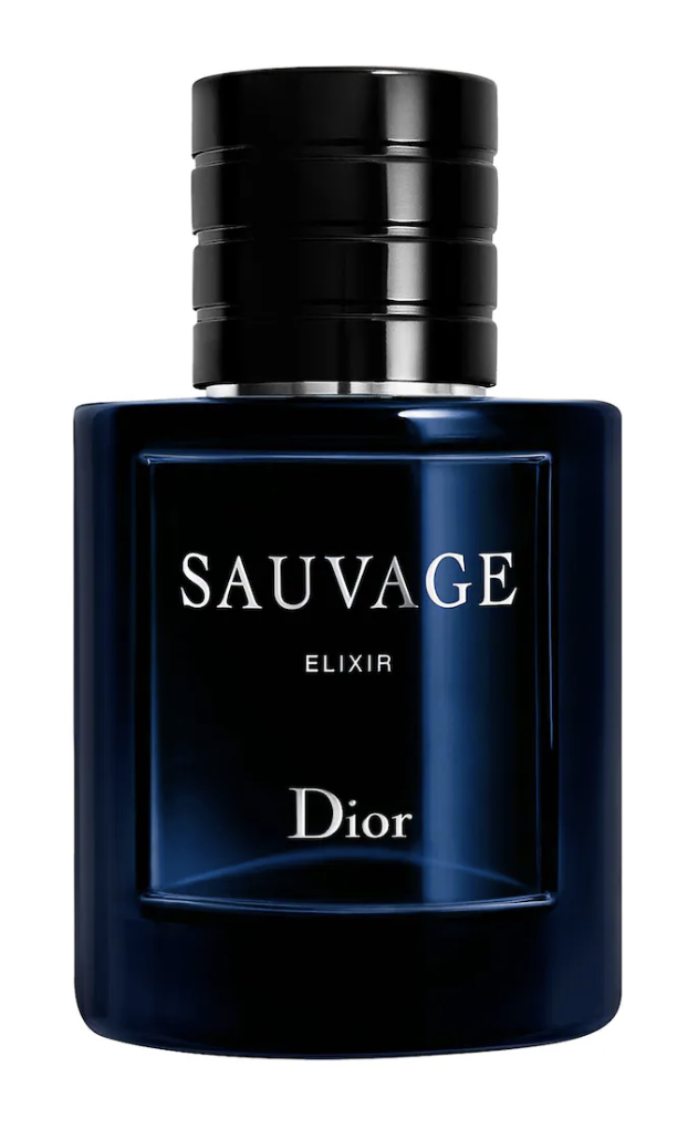 Midnight blue lacquered glass bottle of Dior Sauvage Elixir with silver engraved lettering.