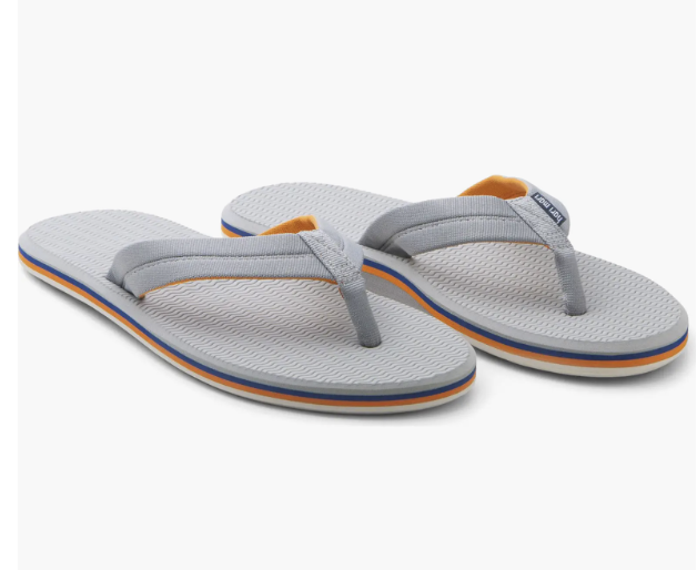 A pair of Light Gray hari mari Dunes waterproof flip flops for men, featuring memory foam cushioning and a boat-safe rubber sole.