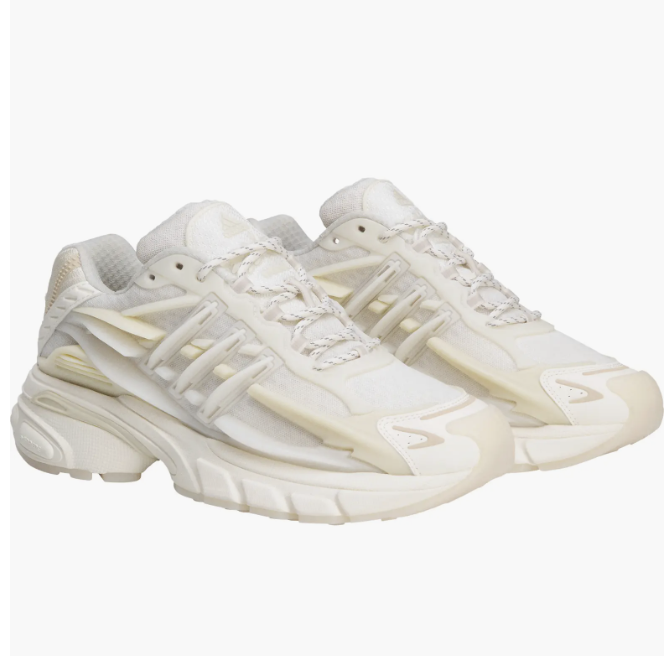 Pharrell x adidas VIRGINIA Adistar Jellyfish "Triple White" chunky running shoe with a layered cream upper and a sculpted sole.