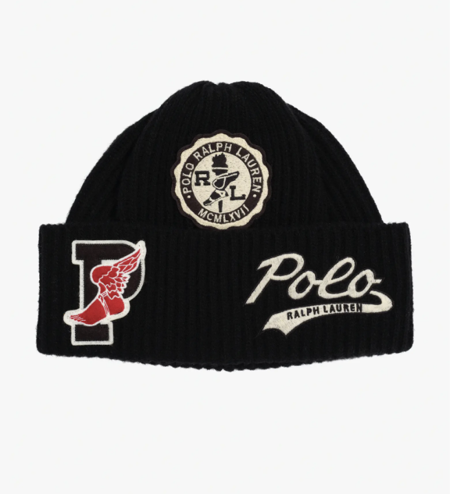 Polo Ralph Lauren Patch Watch Cap in black rib knit with a crest patch, a red winged-foot P patch and Polo script on the cuff.