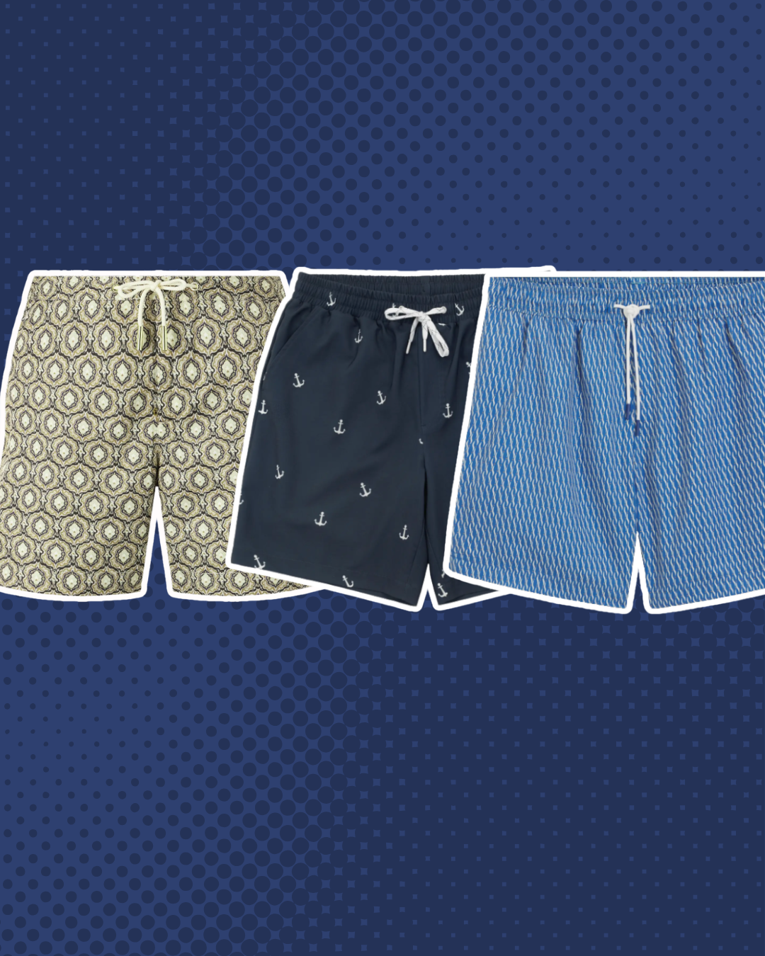 Three pairs of men's premium 7-inch swim trunks in neutral solid colors displayed side-by-side against a blue textured background.