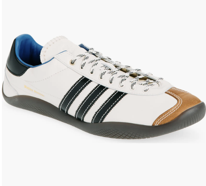 adidas x Wales Bonner Karintha OG low-profile sneaker in off-white leather with black stripes, braided laces and a tan leather toe.