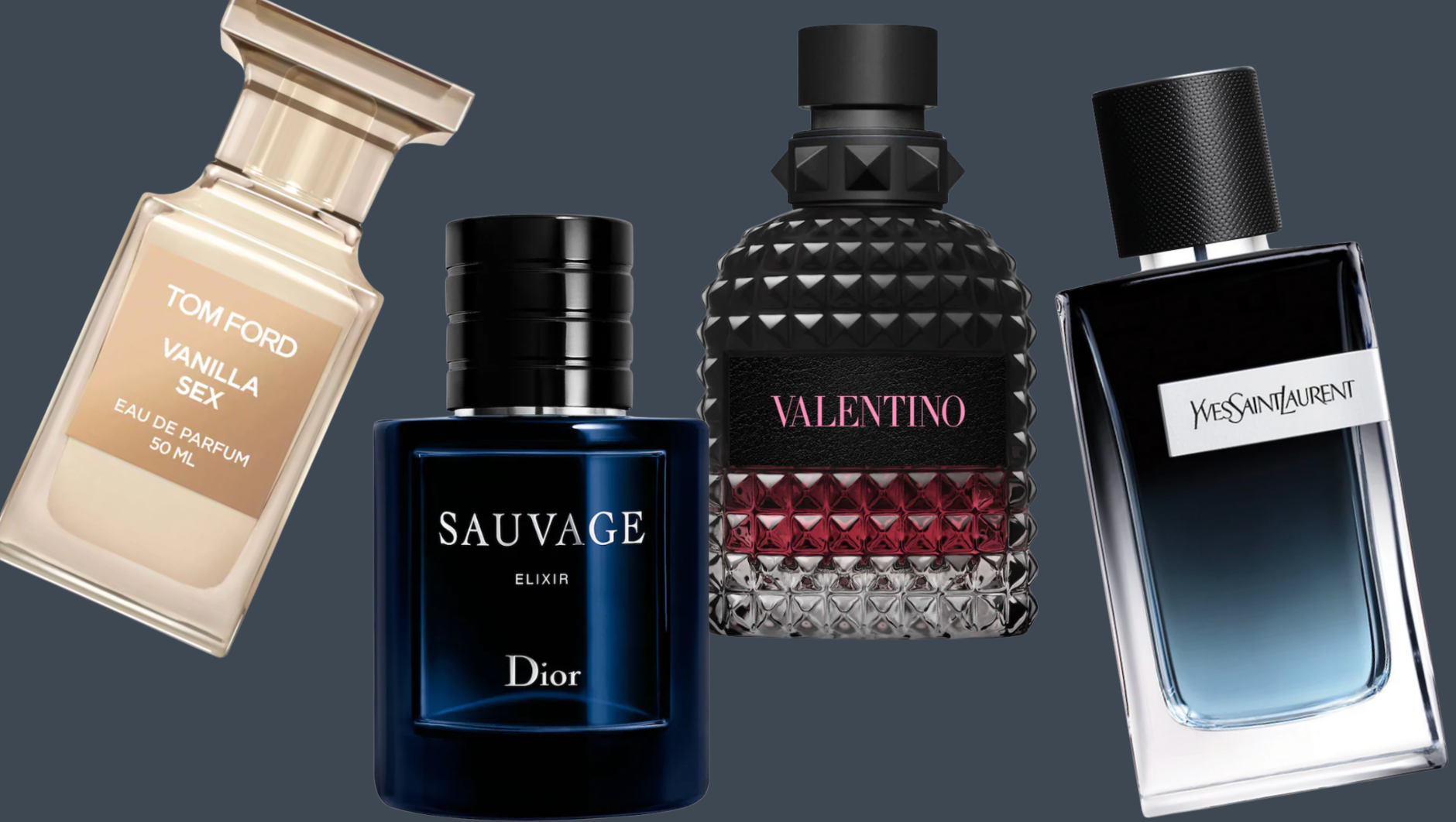 Collage featuring Tom Ford Vanilla Sex, Dior Sauvage Elixir, Valentino Uomo Born In Roma, and YSL Y Eau de Parfum.