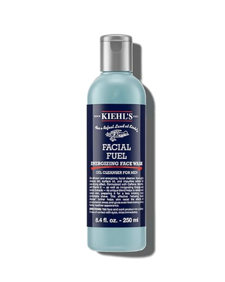 Kiehl’s Facial Fuel daily cleanser, an energizing face wash for men formulated with caffeine and vitamin E to refresh dry skin.