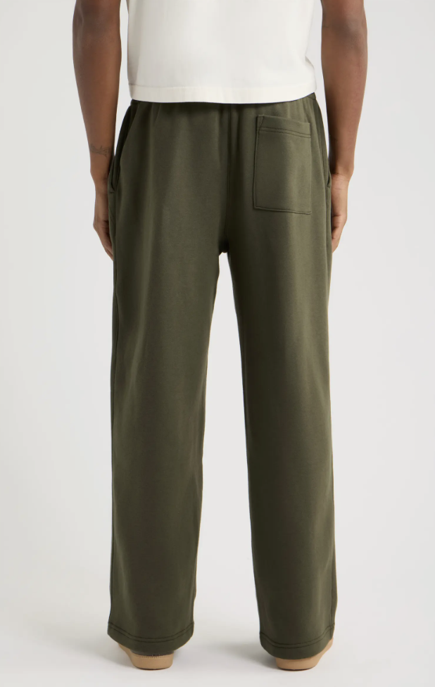Back view of a man wearing the BP. Straight-Leg Fleece Sweatpants in olive green with a cream tee.