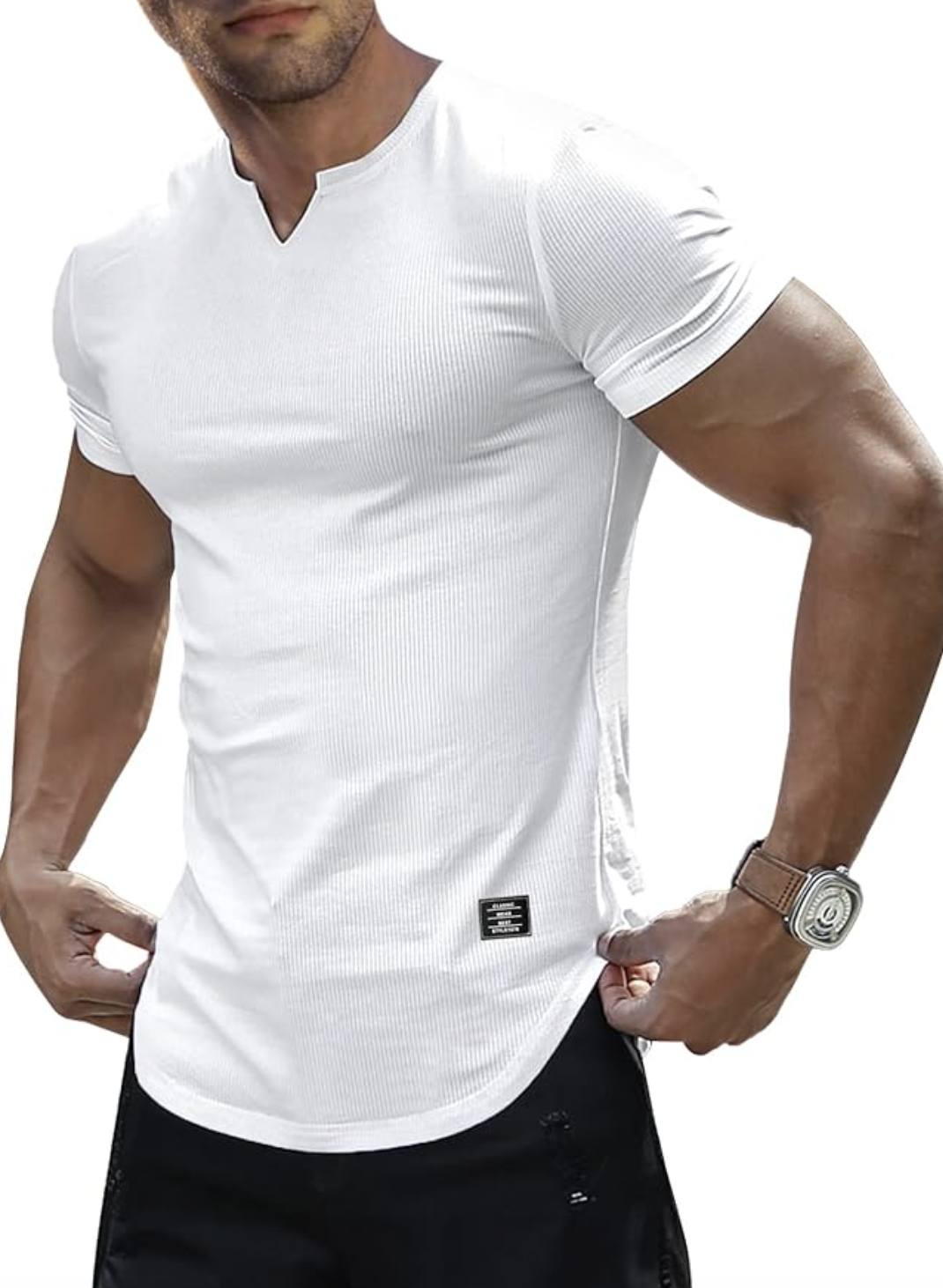Close-up of a muscular man wearing a fitted white henley t-shirt with a textured rib knit, highlighting an athletic slim fit.
