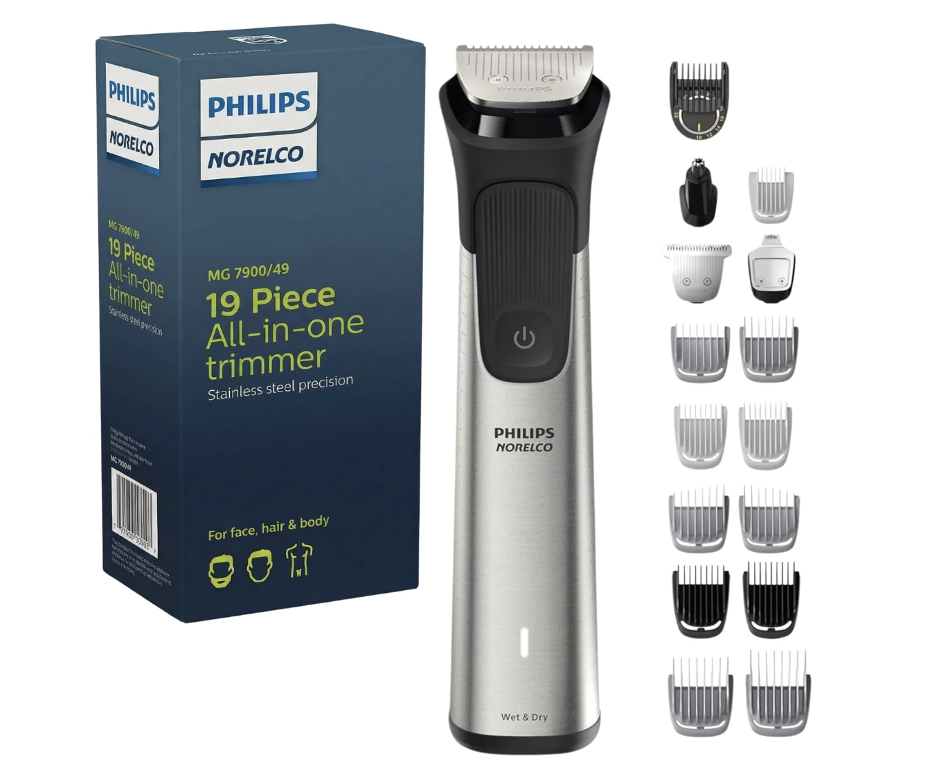Philips Norelco all-in-one multigroomer kit with various trimming attachments for full-body grooming and beard maintenance.