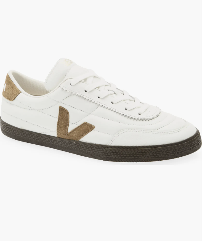 Veja Panenka Leather Sneaker in white with a tan suede V logo and heel tab on a dark brown sole.