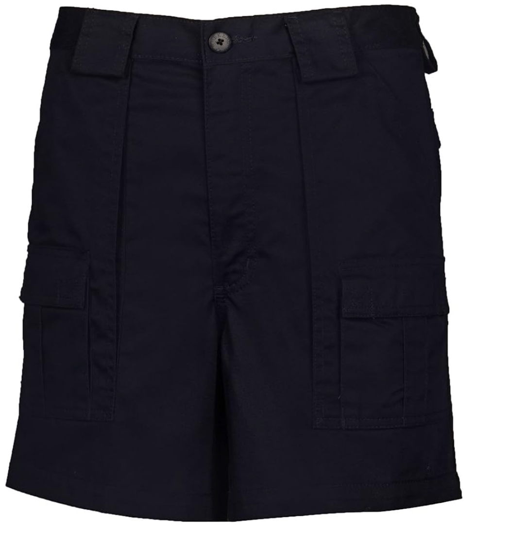 A pair of navy blue cargo shorts from Amazon Essentials featuring a structured cotton build and subtle side utility pockets.