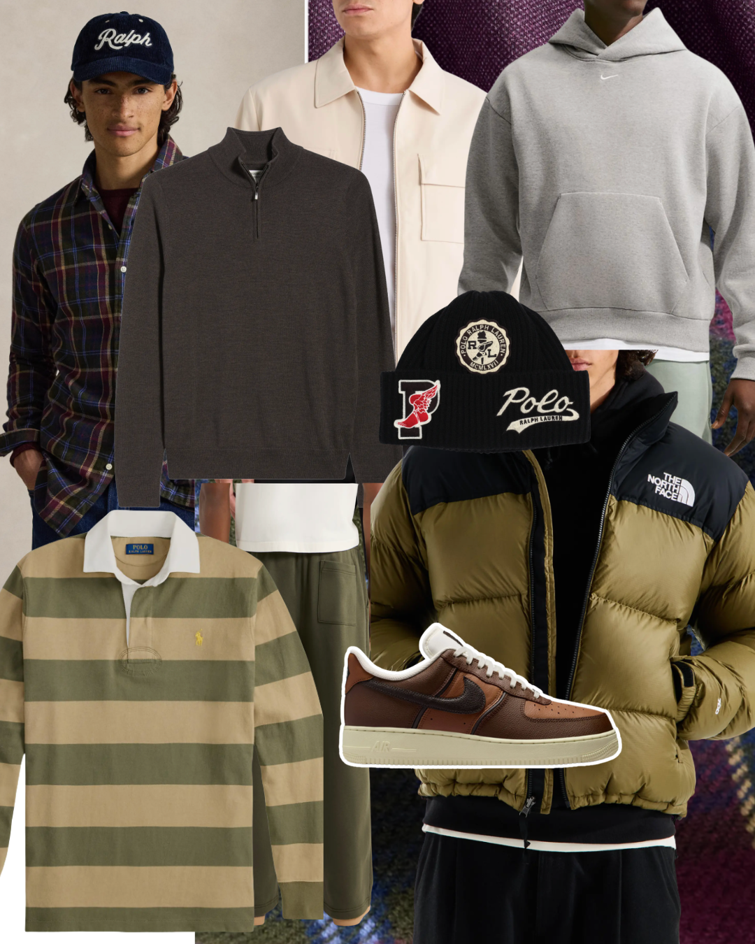 Men's fall capsule wardrobe collage with a striped rugby shirt, olive puffer jacket, brown Nike Air Force 1s, plaid flannel and a Polo beanie.