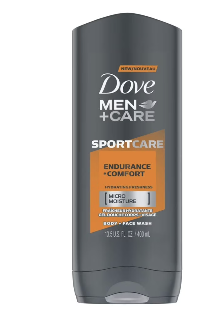 A bottle of Dove Men+Care Sport Active+Fresh body wash, specifically formulated for post-workout recovery with high-performance cleansing and micromoisture.