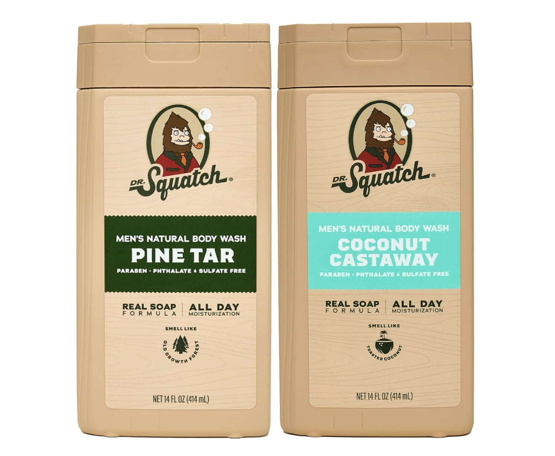 Two bottles of Dr. Squatch natural body wash for men in Pine Tar and Coconut Castaway scents, featuring woodsy and tropical aromas with natural ingredients.
