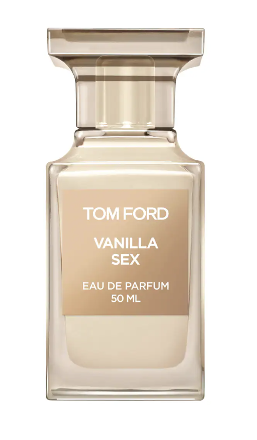 A cream-colored glass bottle of Tom Ford Vanilla Sex Eau de Parfum with a gold label and cap.