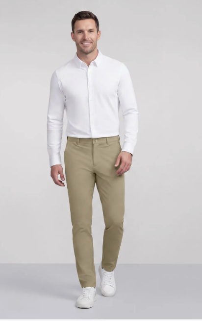 Man wearing the Jack Archer Jetsetter Straight-Fit Tech Pants in khaki with a white button-up shirt.